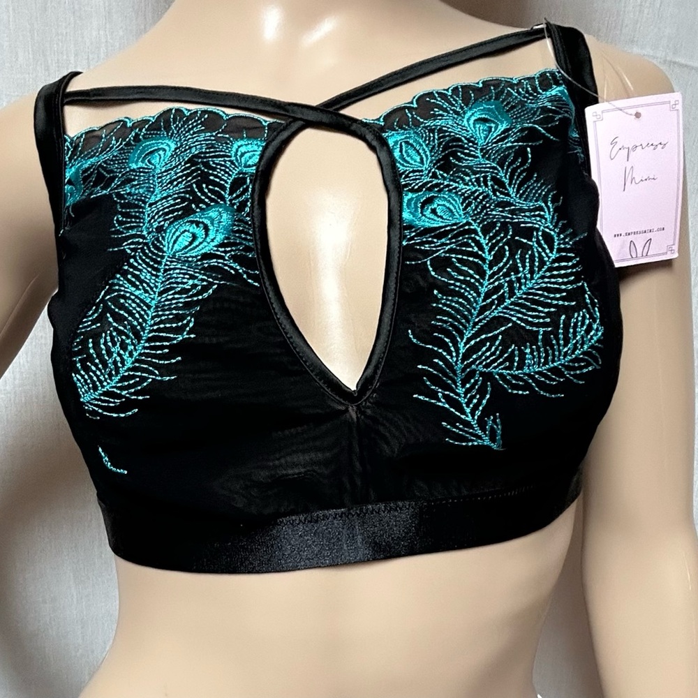 Sheer black bra size XXL teal embroidery feathers